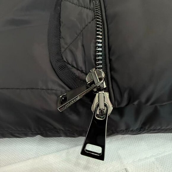 Moncler Black Down Coat - Plush Fur Hood, Waist Belt, Stylish Winter Outerwear - Picture 5 of 8